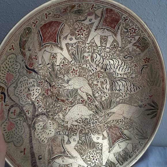 Etched Brass Bowl Colored- Tigers Elephants- wall hanging 10 inch - Picture 4 of 11